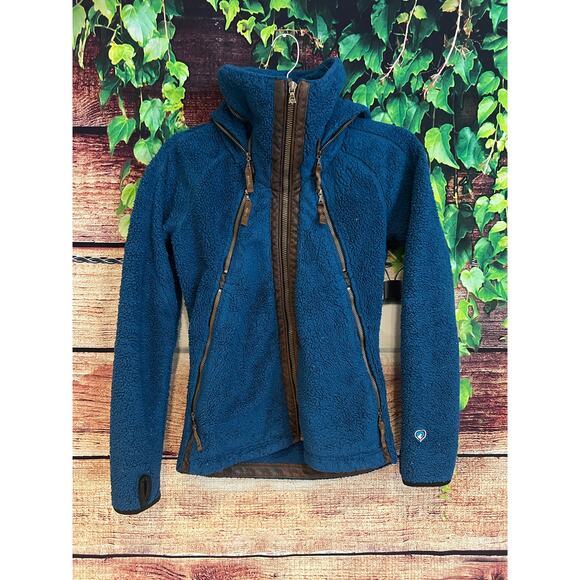 Kuhl Fleece Leather Flight Jacket Full Zip Hoodie Sherpa Teddy Coat Women's XS - Picture 1 of 6
